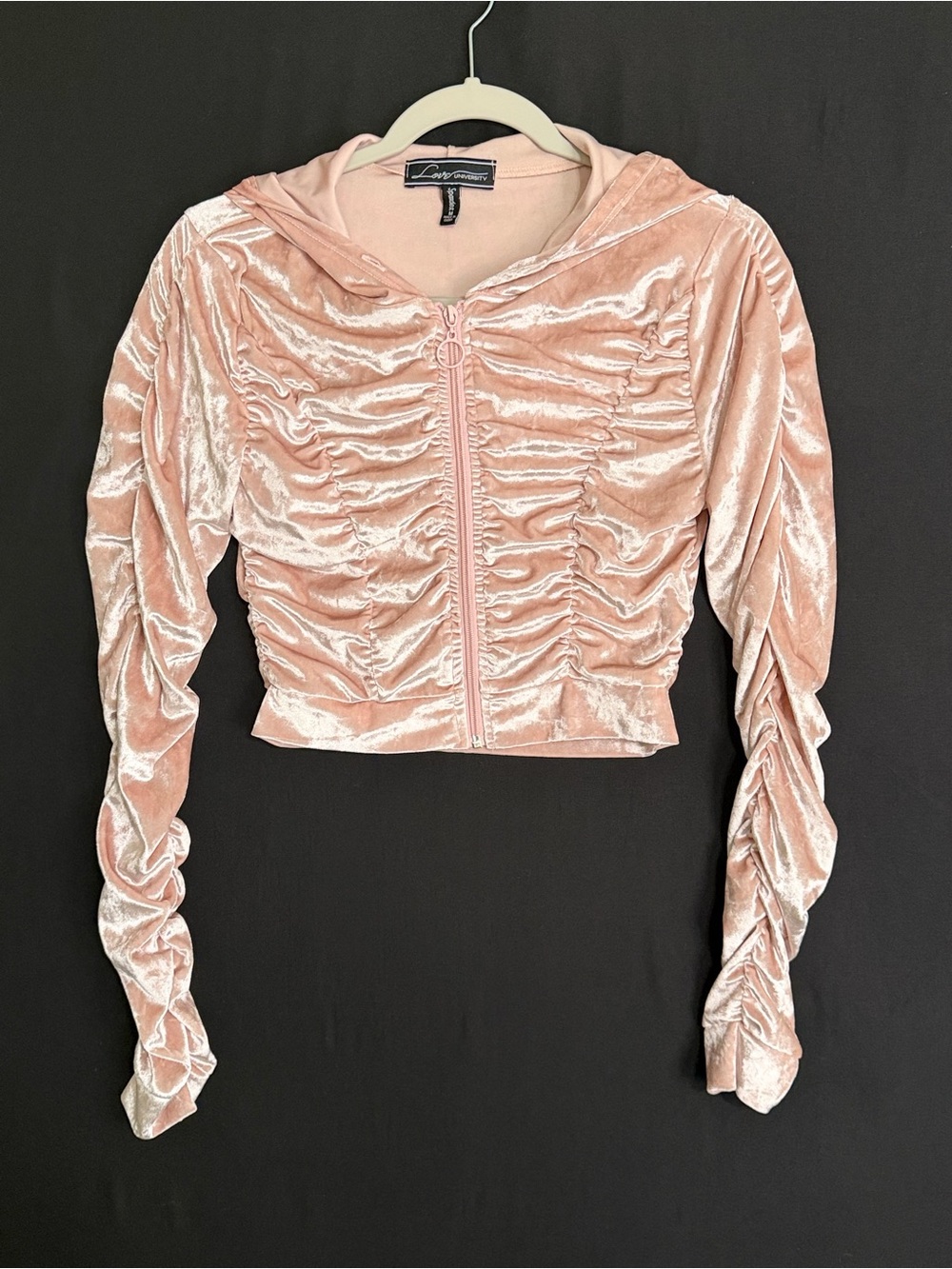 Love university Blush Pink Velvet Ruched Cropped Zip Hoodie coquette Barbie